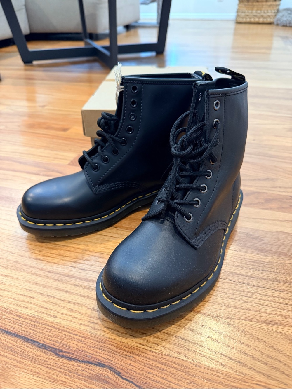 Dr. Martens Black Leather Lace-Up Combat Boots with Yellow Stitching